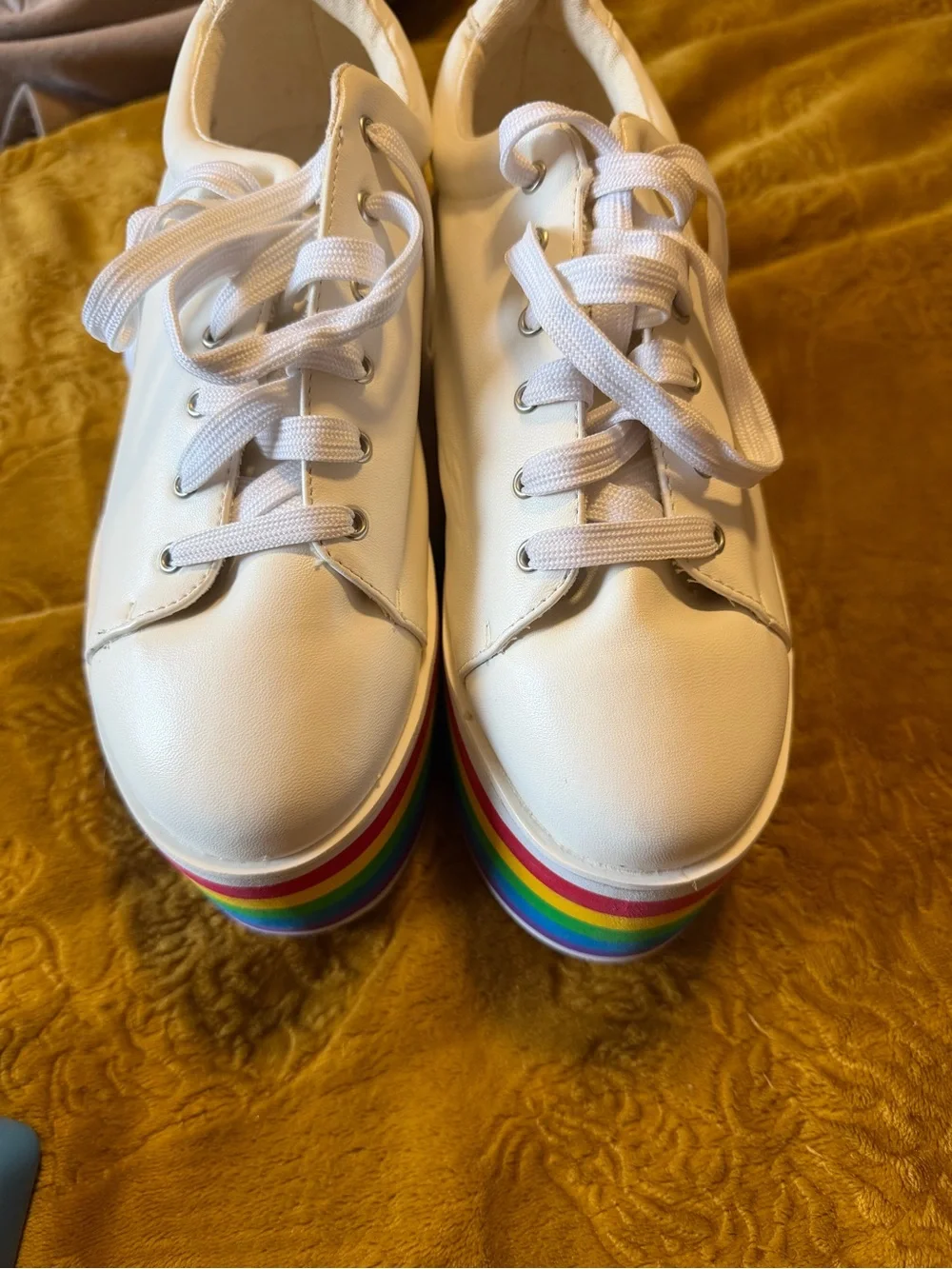 White Platform Sneakers with Rainbow Stripe